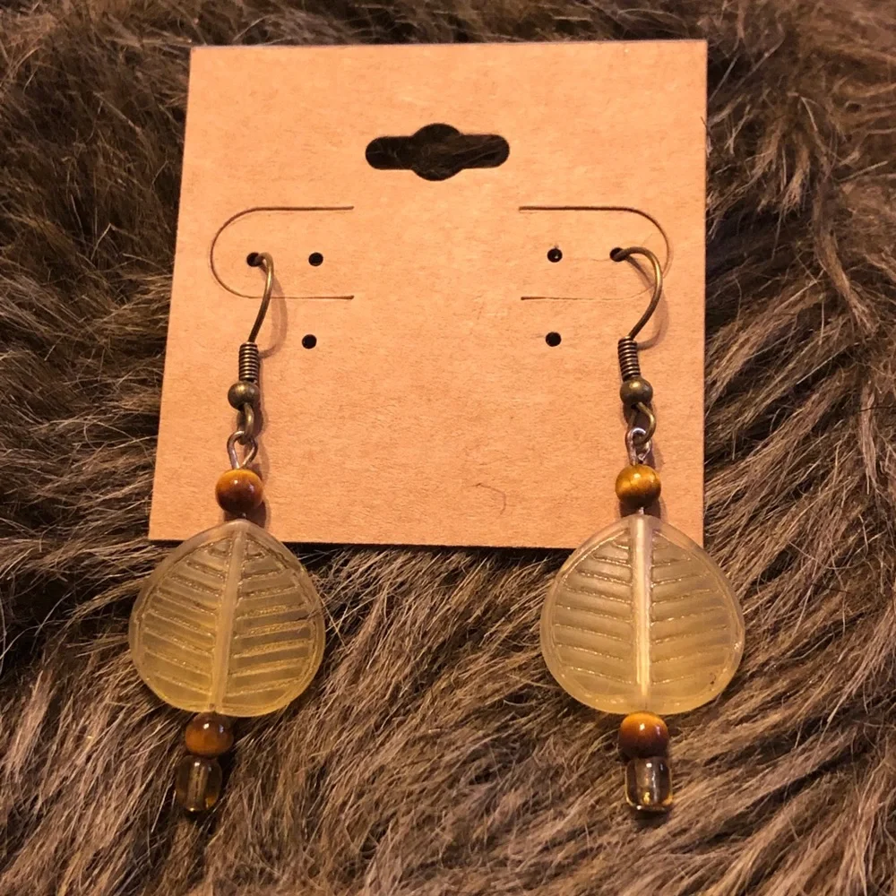 Light gold frosted glass leaf dangle earrings